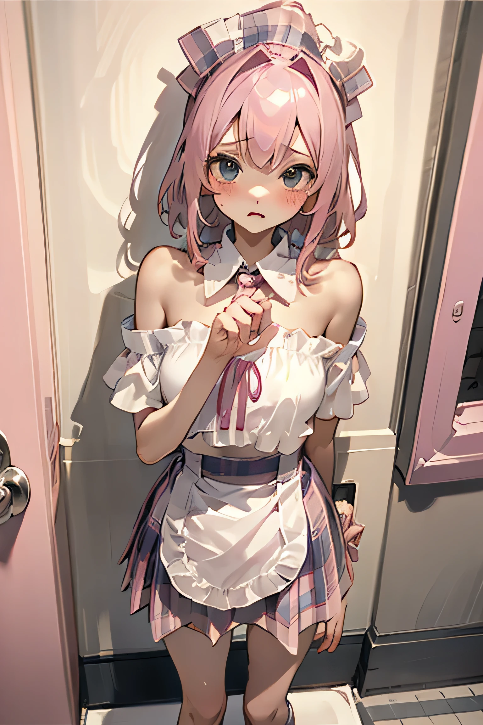 Cute pink hair、One girl takes to the bathroom、Look away、Standing、embarrassed from、Blushing、Keep your mouth shut、a street(Girl is peeing:1.2)