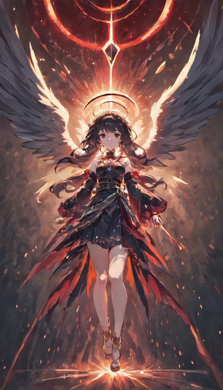 A impressive angel, black opened wings, thin body, holding a dark sword, black long hair, divine light coming from sky, red dark light from below, people dying in the ground, angels flying in the sky, renaissance style, HDR, dualism., Oil painting, vivid, 8k, 12 people, fallen angel.