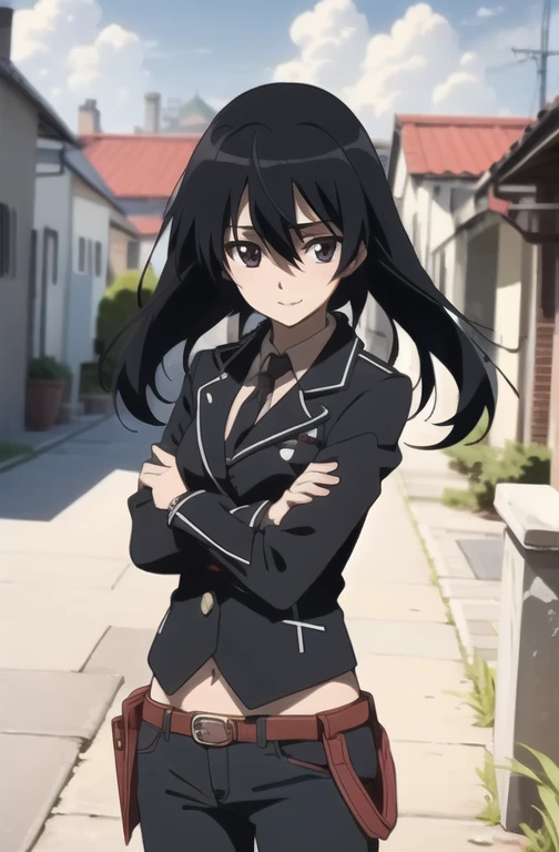 agkkurome, kurome, longer hair, black hair, (black eyes:1.3), hair between eyes, cute face, smile, blush BREAK jeans, zipped jacket, elegant jacket, wristband, arms crossed, midriff peek BREAK city, sky, clouds, palace courtyards BREAK looking at viewer, (cowboy shot:1.5), wind, wind blowing, from below BREAK (masterpiece:1.2), best quality, high resolution, unity 8k wallpaper, (illustration:0.8), (beautiful detailed eyes:1.6), extremely detailed face, perfect lighting, extremely detailed CG, (perfect hands, perfect anatomy)