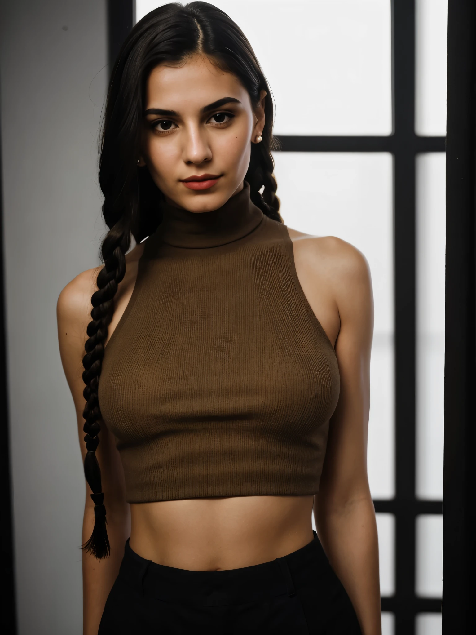 analog raw candid photo of a beautiful young Greek woman, realistic skin texture, black braided hair, slim, (closed mouth:1.1), dark red sleeveless cropped turtleneck shirt with cropped in the belly part, studio lighting, studio portrait, 35mm, perfect proportion, half body portrait 