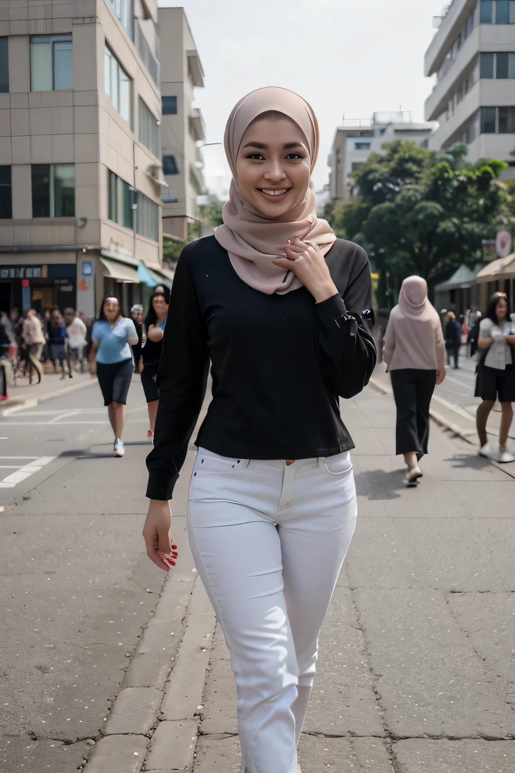 (8K, RAW Photo, Best Quality, Masterpiece: 1.2), (Realistic, Realistic: 1.37), a 20 year women, Jakarta Street background with a lot of people, indonesian girl, wear hijab, perfect face, full body, the most beautiful woman in the world, perfect body, all hair is covered, beautiful smile, long sleeve blouse, stylish style, natural professional model pose