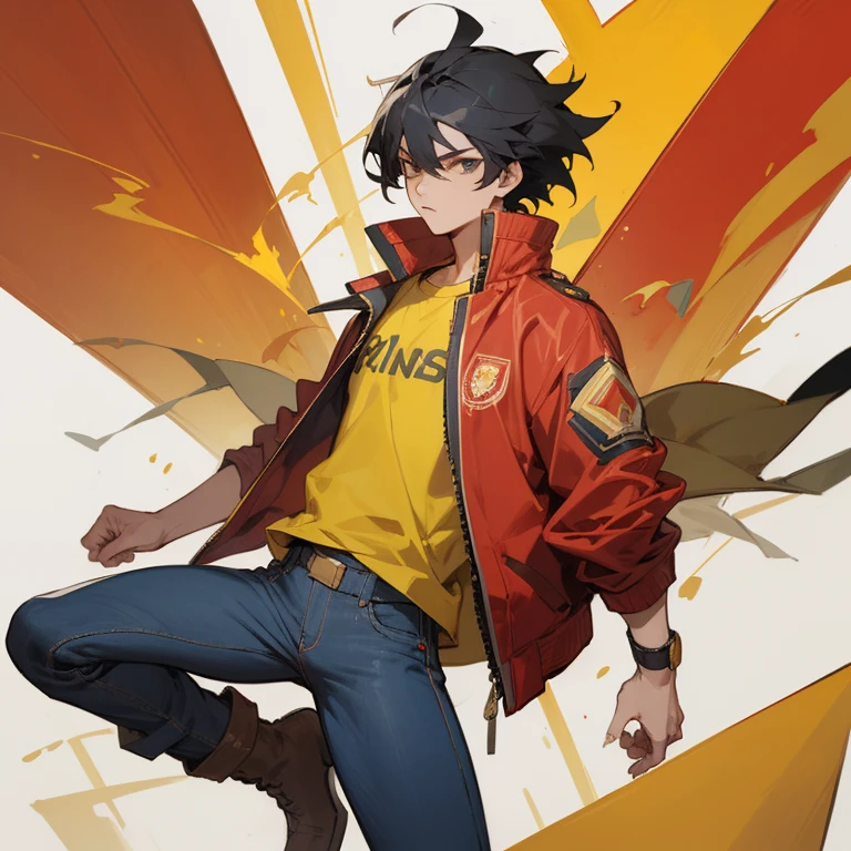 ((highest quality)), ((masterpiece)), (be familiar with), anime,youth,male,black hair,hair standing on end,Triumphant look,jeans,red jacket,yellow t-shirt,action,boots