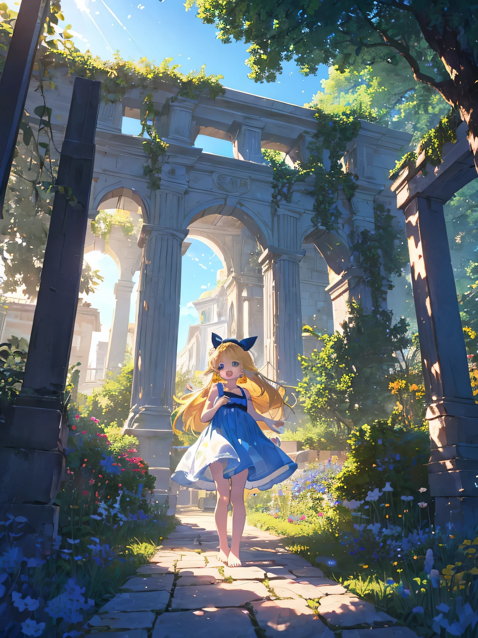 Italian style landscape (a huge island floating in the sky, a very old building and a huge tree supporting the island, many ancient buildings standing on the island, a beautiful garden, a boy standing in the garden) , one girl (3 ), cute children's underwear, red headband, light blue dress (long hem)) Short arms: 1) 1 and a half years), round face, (girl: 1.8), bare feet, (child: 1 and a half years), (face: 1.4ight, flat chest, blonde, super long hair, hair Bundling, surface effects, color effects), There is a blue gem on the girl's chest, the gem emits yellow light, and the light stretches towards the sky, a large retro bipedal robot runs through the garden. Body walking, special effects, {{{((super hand-drawn style illustration, pale colors, beautiful colors, chic colors))}}}, distant perspective, LONG SHOT, Deltamon