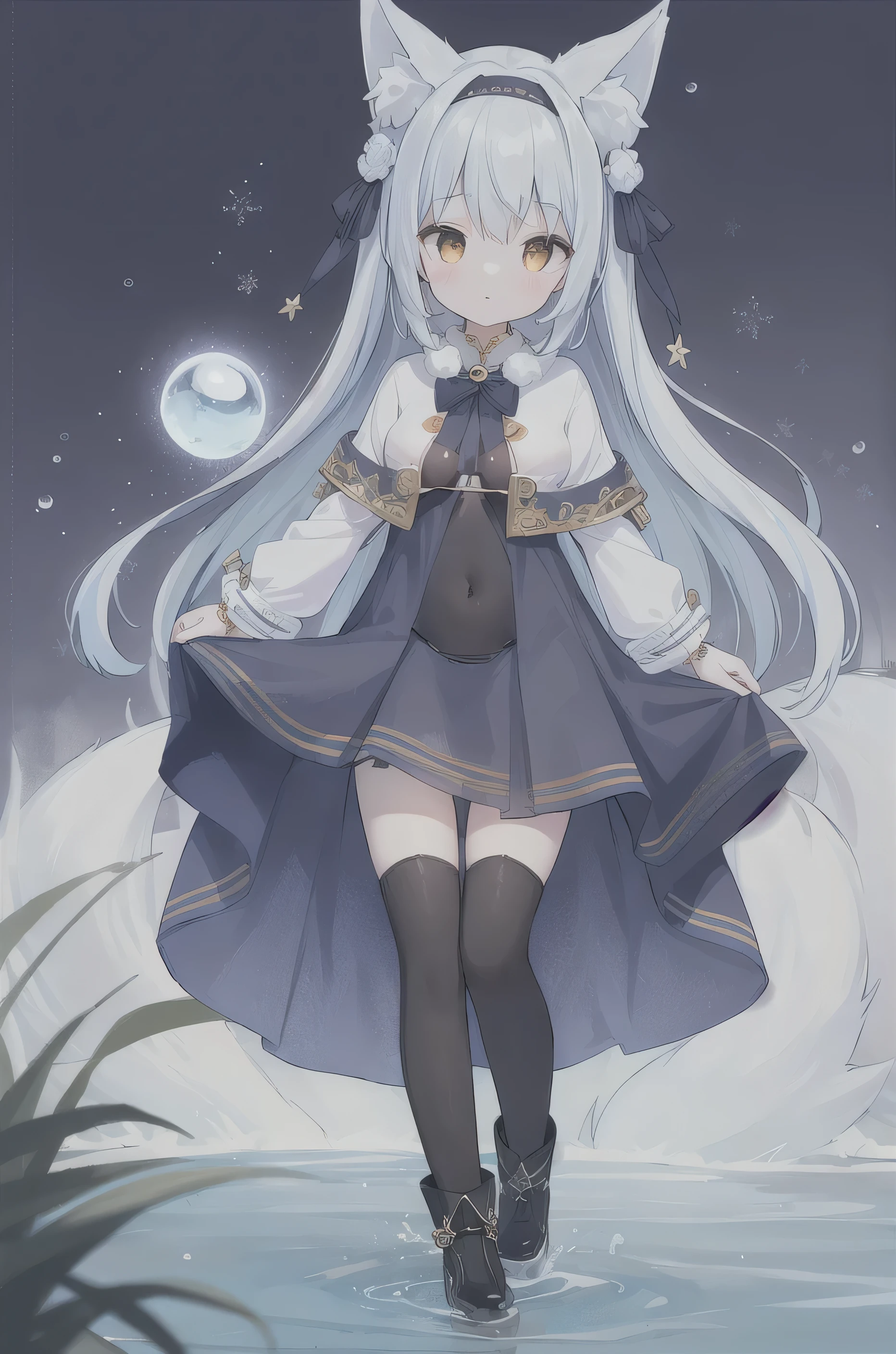 masterpiece, highest quality,1 girl, fox girl,monochrome,
blue hair,fluffy hair,long hair, light blue hair ribbon,
fluffy ears,fox ears, fluffy tail,fox tail, orange eyeshadow, golden eyes,
White short skirt ,Spiral Magic Pattern Blue Cloak,Soft leather boots, Layers of blue tassels,silver bracelet,Blue soft fabric headband, light blue hair ribbonm,Water drop shaped sapphire,Fluffy leg wear,
attractive,delicate and beautiful,(underboob:1.9),(underwear:1.9)