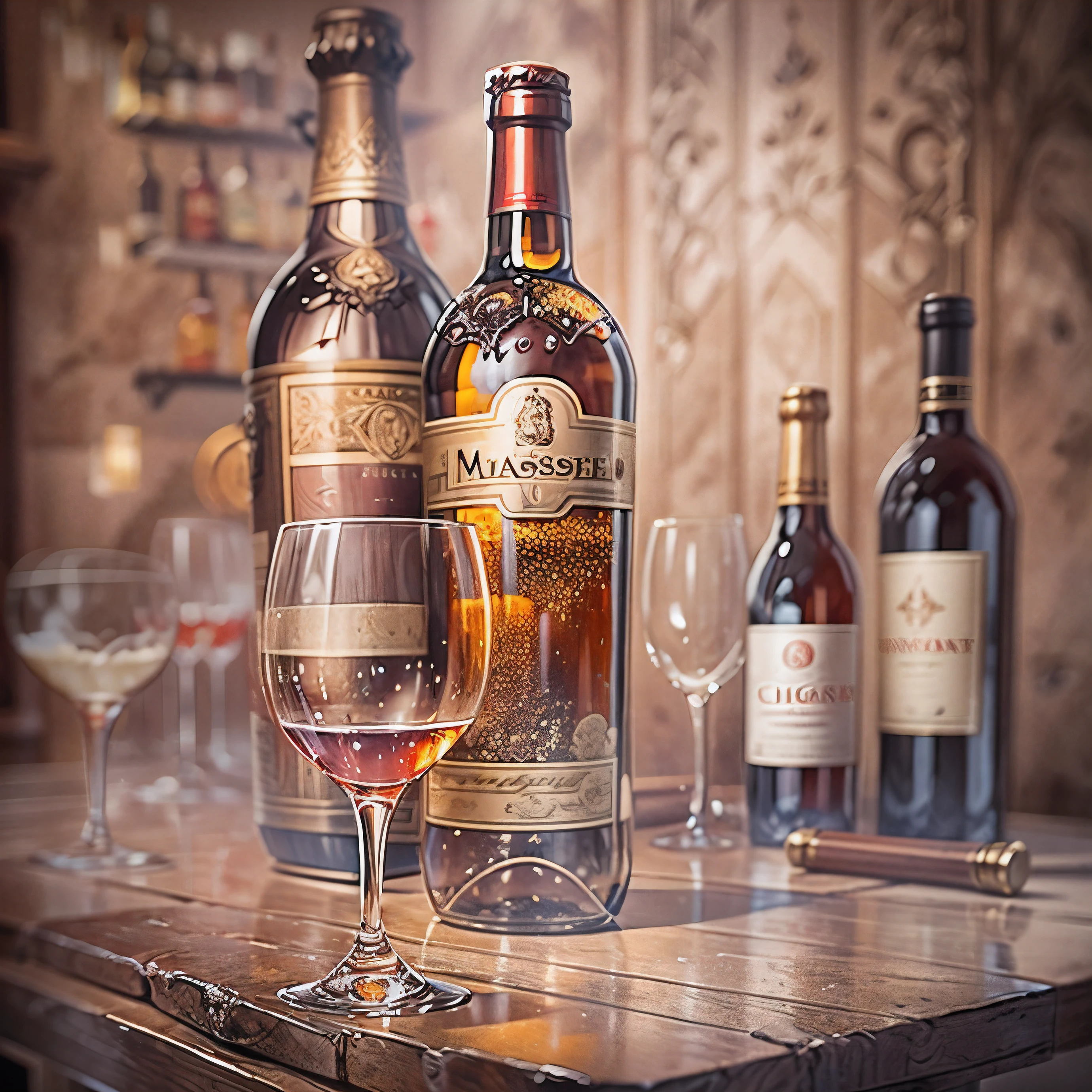 (masterpiece,best quality,ultra-detailed), award winning, ccurate, UHD, textured skin, chromatic aberration, Fujicolor, the white wine, wine glass, the elegant pub, vintage bottle, retrospective atmosphere