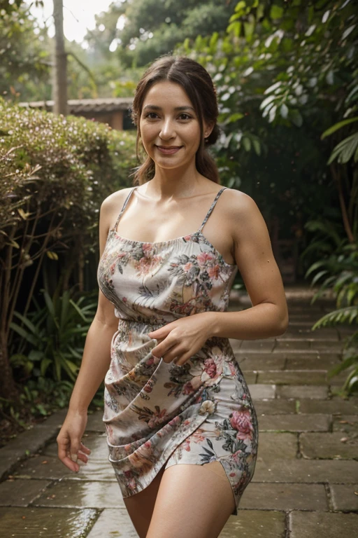 (corpo todo), (na floresta com muitas flores), a 40 year old woman looking at the camera, Cabelo ondulado longo, rosto lindo detalhado, sorrindo levemente, vestido longo listrado, long, athletic legs, action photo, copos, fundo cidade, dia, chuva, foto realista, CG, art station, obra de arte, High Definition Photography
