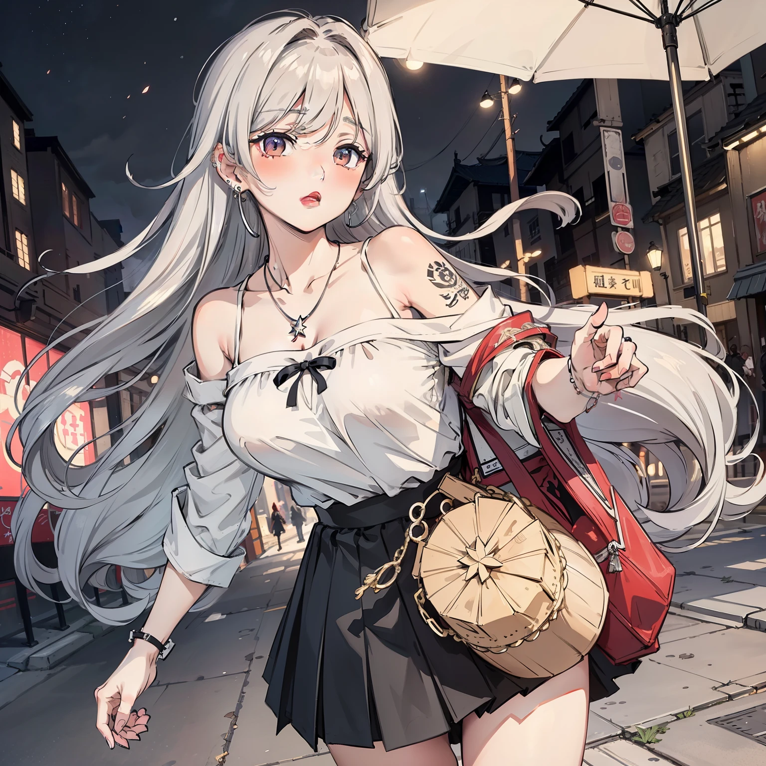 beautiful女孩大学生, masterpiece, Light makeup, red lips, silver hair, messy long hair, street background, beautiful, elegant. Ultra-fine details, 一件a work of art, real texture, Realistic cinematic lighting, perfect job, 8K, HD, Exquisite facial features, White off-shoulder ruffled short shirt, short pleated skirt,skirt lift,Mix 4, slim figure, big bright eyes, , ear nipple ring, necklace, Tattoo works,a work of art,