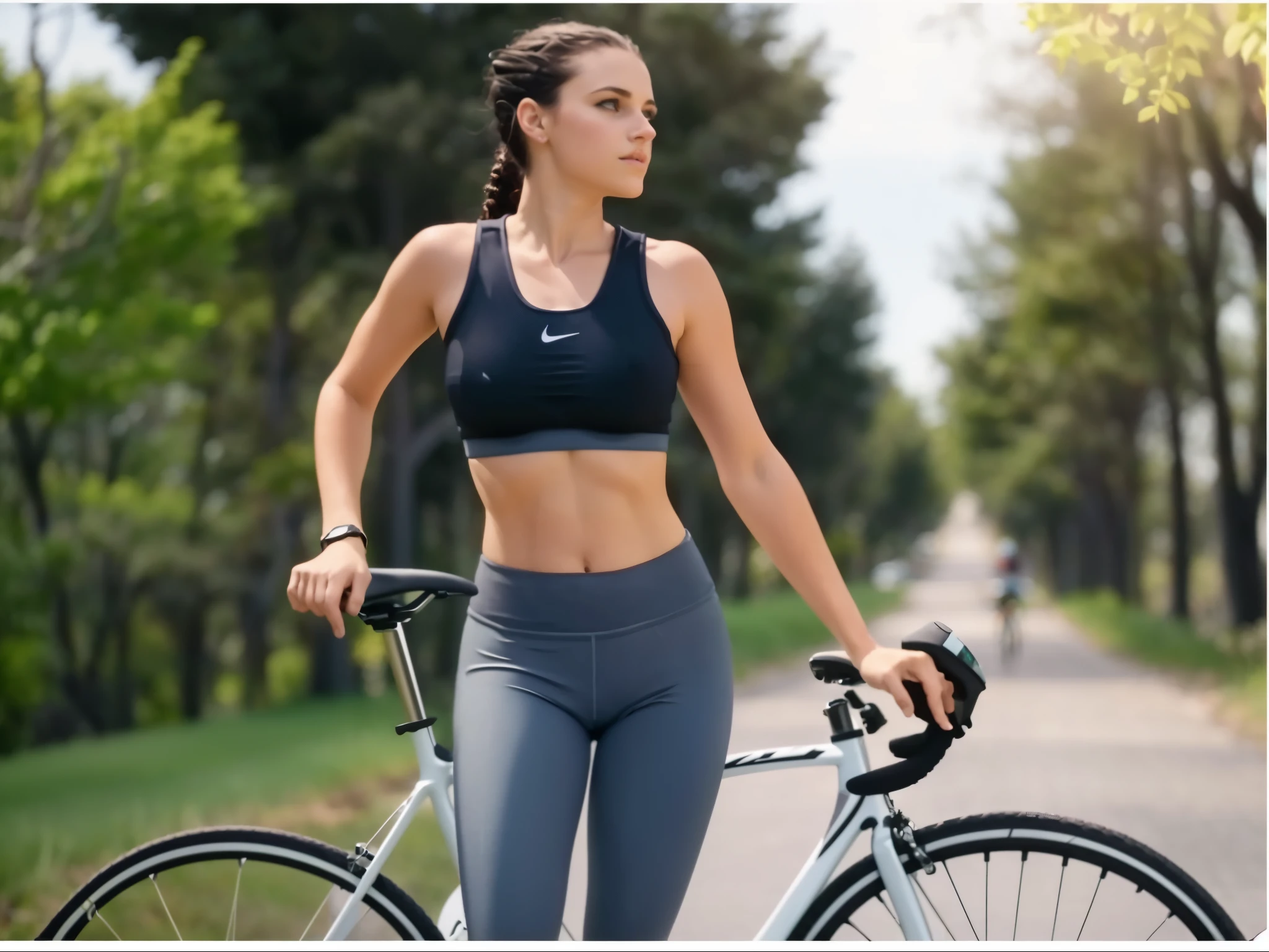 arafed woman in esportes bem top and leggings standing next to a bike, sports bra and shorts, mulher em forma, cintura fina e quadris grossos, roupas esportivas, Ciclo de caminhada preciso,  apta, esportes bem, sports bra and dark blue shorts, foto de uma motociclista, bicicleta, usando tops curtos, sport bra, sports bra and shirt