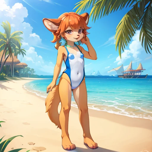 1girl, masterpiece, Kiara, tropical aquapark, full body shown, horny face, yellow one piece swimsuit, looking at me, half closed eyes, extremely skinny no fat, toddler, standing, anthro, furry, long snout, fur, small breasts, hands to the side