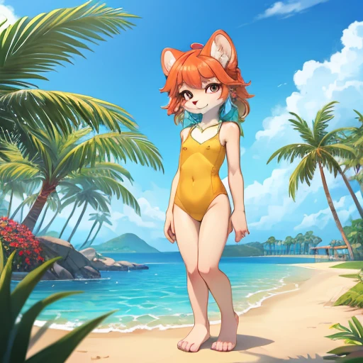 1girl, masterpiece, Kiara, tropical aquapark, full body shown, horny face, yellow one piece swimsuit, looking at me, half closed eyes, extremely skinny no fat, toddler, standing, anthro, furry, long snout, fur, small breasts, hands to the side