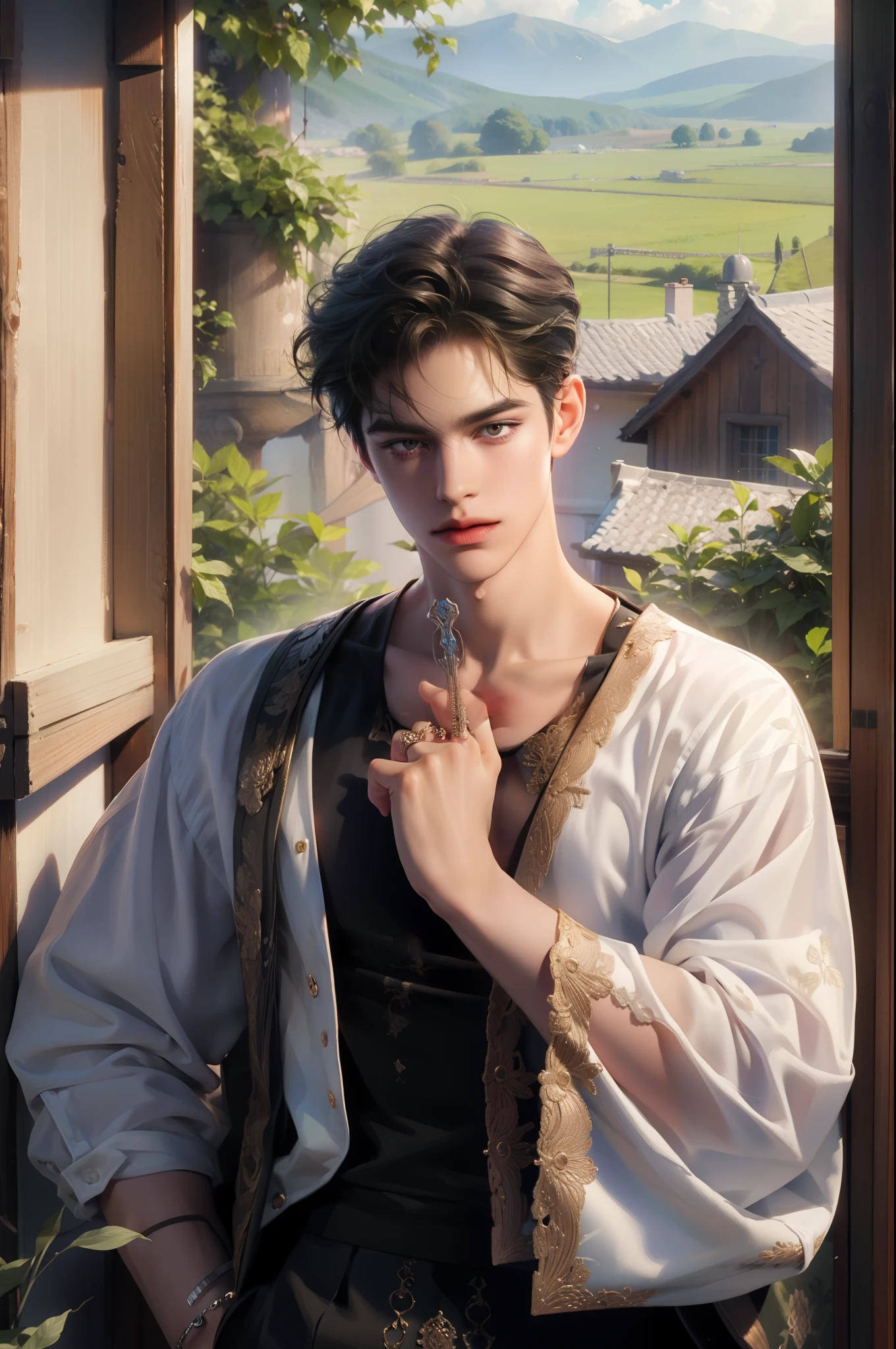 (masterpiece, top quality, best quality, official art, beautiful and aesthetic:1.2), boy, handsome, extreme detailed faces, (fractal art:1.3), colorful, highest detailed, (perfect face), shiny skin, HDR, cantarella, extremely detailed dress, detailed background