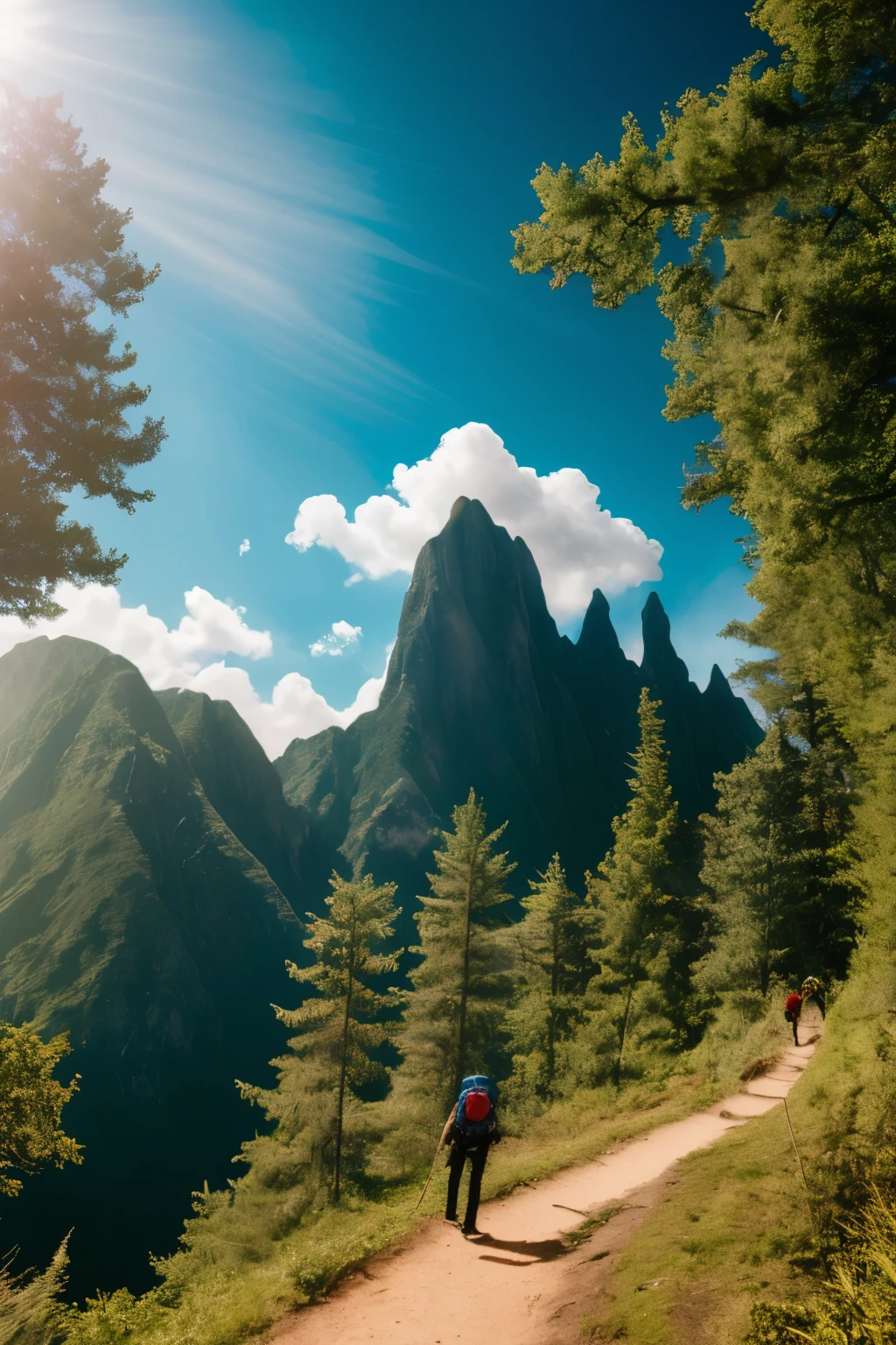 An individual climbing a towering mountain peaks, a testament to the indomitable power of faith and unyielding perseverance. At the foot of the mountain, the lush greenery blankets the earth, a vibrant contrast to the steep, rugged terrain that ascends into the heavens. Each step taken by the climber is deliberate and filled with determination, as they traverse the daunting landscape, relying on their unwavering belief and relentless spirit to push forward. Above them, the sky transforms from a clear blue expanse to a dynamic blend of clouds, reflecting the ever-changing emotions and challenges that accompany the journey. The wind whistles through the trees