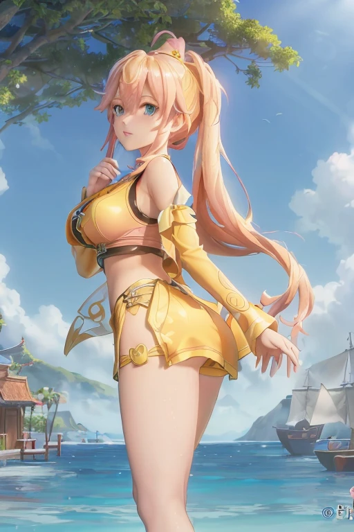 cornflower art, fantastic, (a beautiful girl,Anime style girl,blue eyes,long yellow hair,Wearing light yellow clothes,shining,long sleeve,open chest,Short skirt swimsuit,pink big breasts,White,and,heart on top,beautiful butt,Nice butt,前面是海滩and明亮的蓝天,There are clouds above,There are palm trees in the background on both sides of the picture,There are also a lot of blue and fish swimming around in the sea,