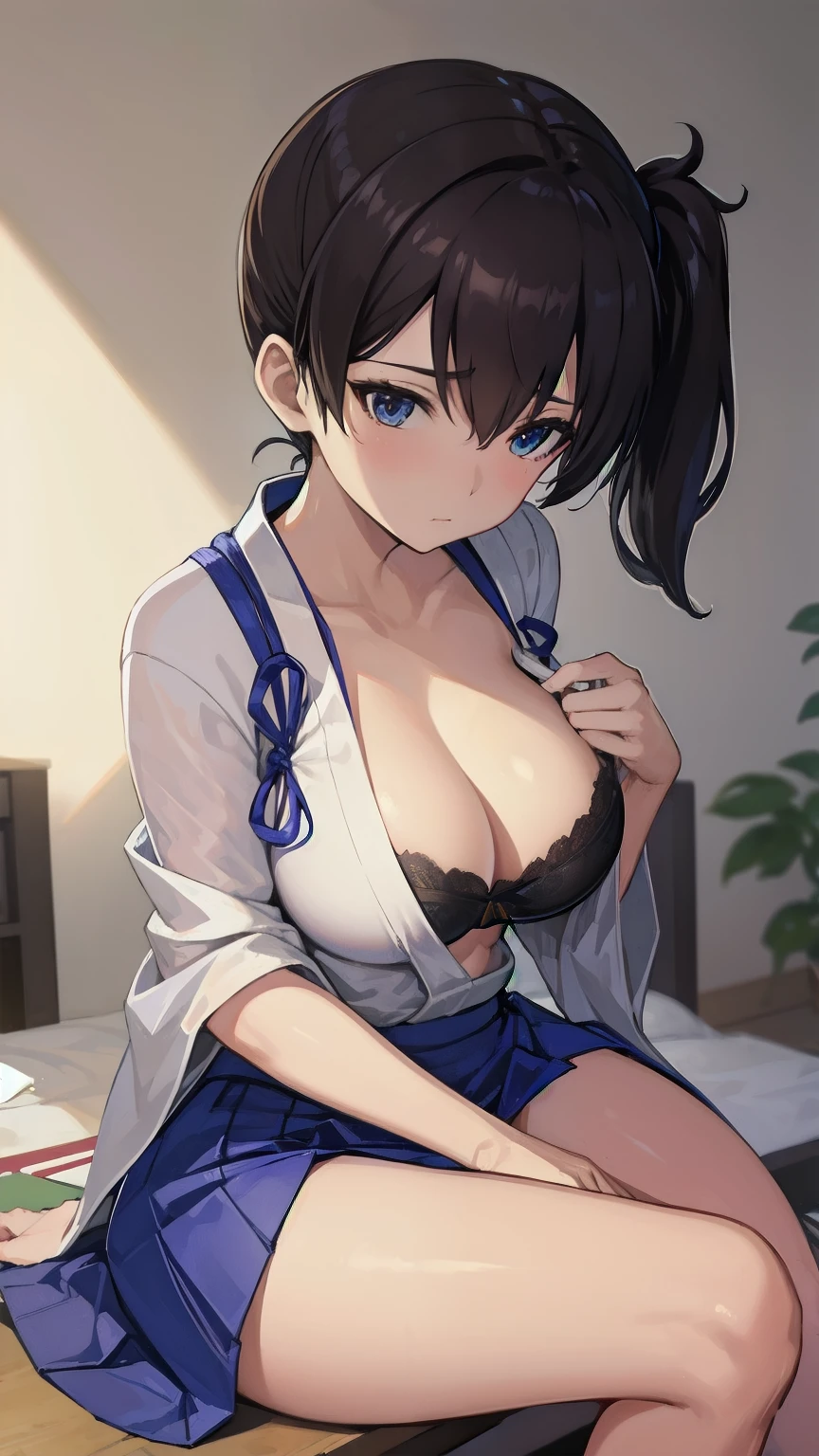 Kaga(Fleet Collection),highest quality, masterpiece, High resolution,kimono,blue skirt,side ponytail,big_breasts,