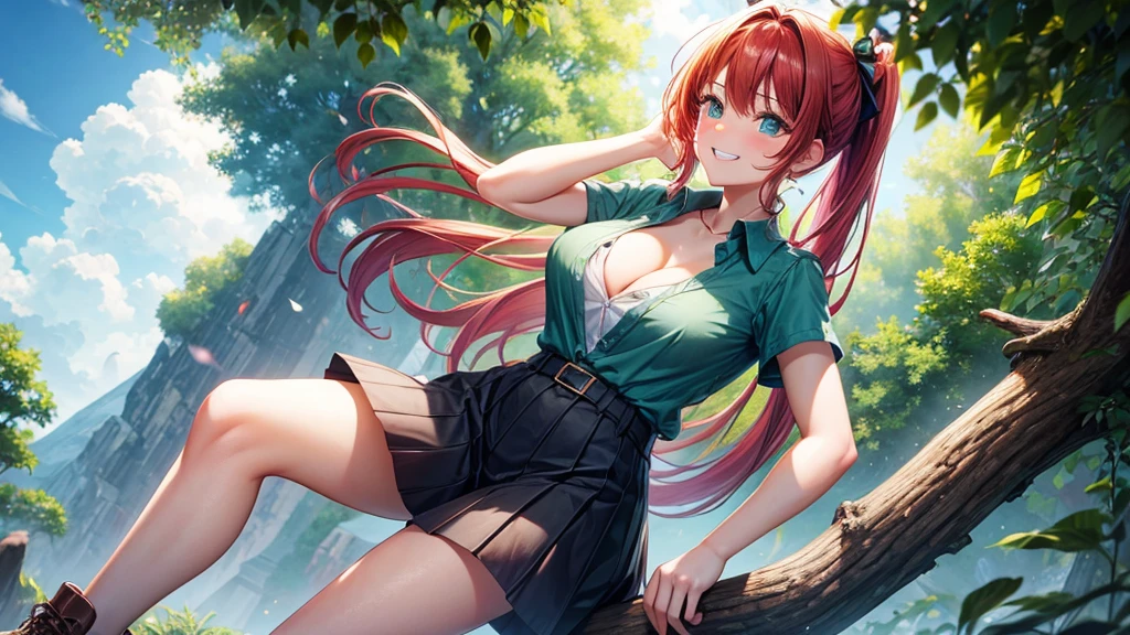 1girl, full body, summer, village, trees, sun, clouds, ((colorful hair)), ponytail, large breasts, cleavage, button down, blue eyes, ((dark green shirt)), ((unbuttoned shirt)), unbuttoning buttons, ((short sleeved shirt)), mini skirt, brown shoes, grin, looking at the viewer, standing, red, white and green hair ribbon, ((golden necklate))