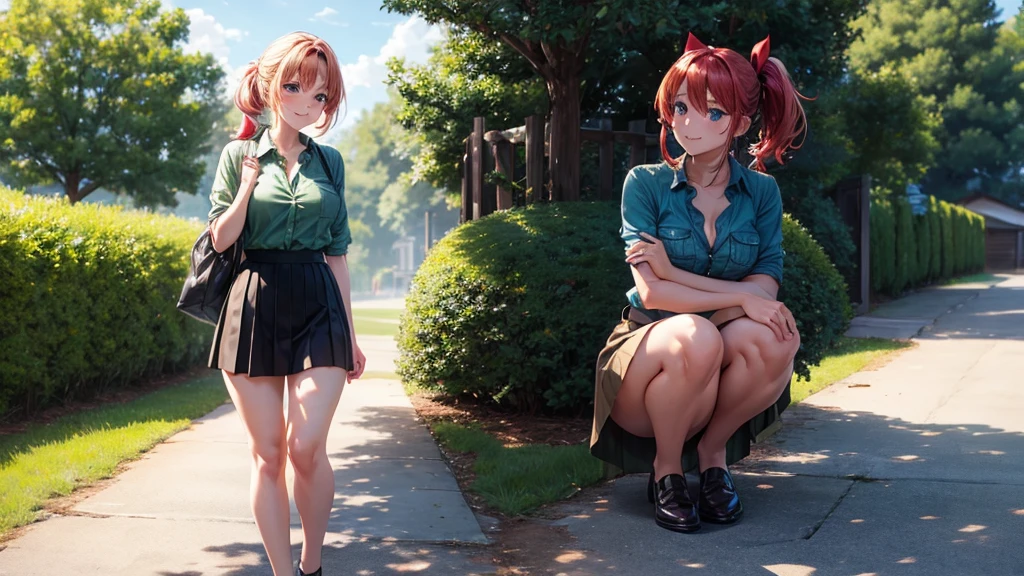 1girl, full body, summer, village, trees, sun, clouds, ((colorful hair)), ponytail, large breasts, cleavage, button down, blue eyes, ((dark green shirt)), ((unbuttoned shirt)), unbuttoning buttons, ((short sleeved shirt)), mini skirt, brown shoes, grin, looking at the viewer, standing, red, white and green hair ribbon, ((golden necklate))