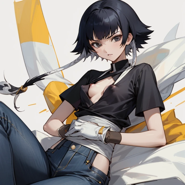 ((highest quality)), ((masterpiece)), (be familiar with),  BLEACH,Soi Fon, 1 girl, alone,  erect nipples, black hair,slanted eyes, Black clothes,black shirt,jeans, Slender,slender,short hair with long locks, short hair, small breasts, gloves, put your hand on your waist