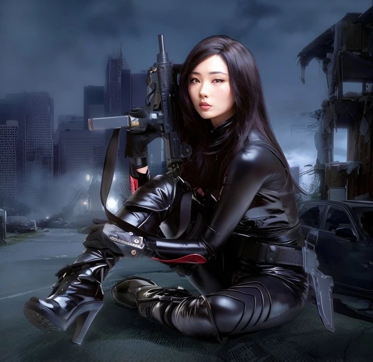 anime girl in latex with gun and gun in city, park shin hye as a super villain, iu lee ji-eun as a super villain, beautiful female assassin, cyberpunk women, urban fantasy style, female cyberpunk anime girl, female assassin, katana zero video game character, inspired by Leng Mei, cyberpunk girl, very beautiful cyberpunk samurai, female cyberpunk