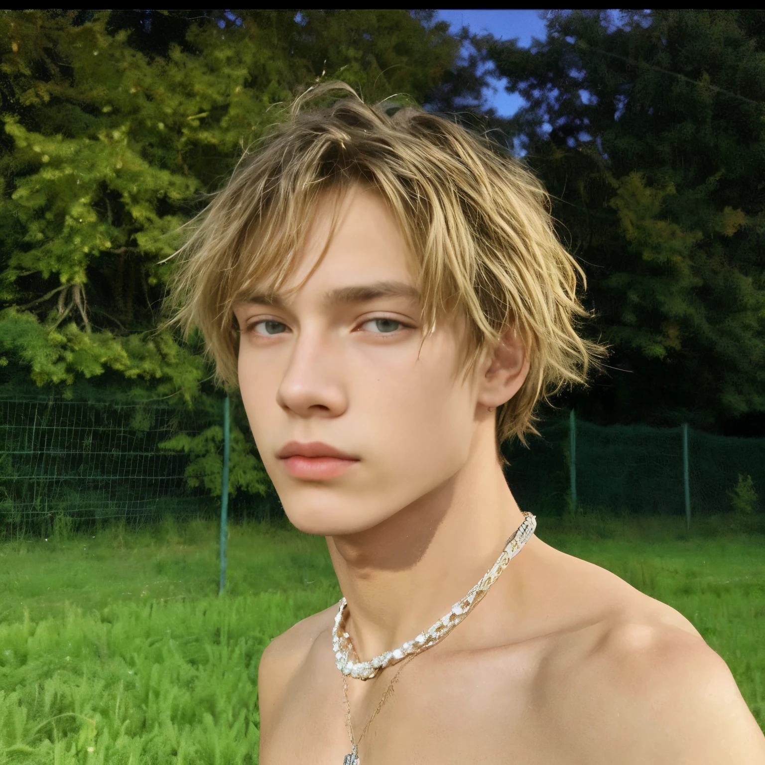 there is a shirtless man standing in a field with a necklace on, tommy 1 6 years old, twink, 18 years old, msxotto, 1 6 years old, julian ope, wearing a bandana and chain, delicate androgynous prince, taken in the early 2020s, xqc, twitch streamer / gamer ludwig