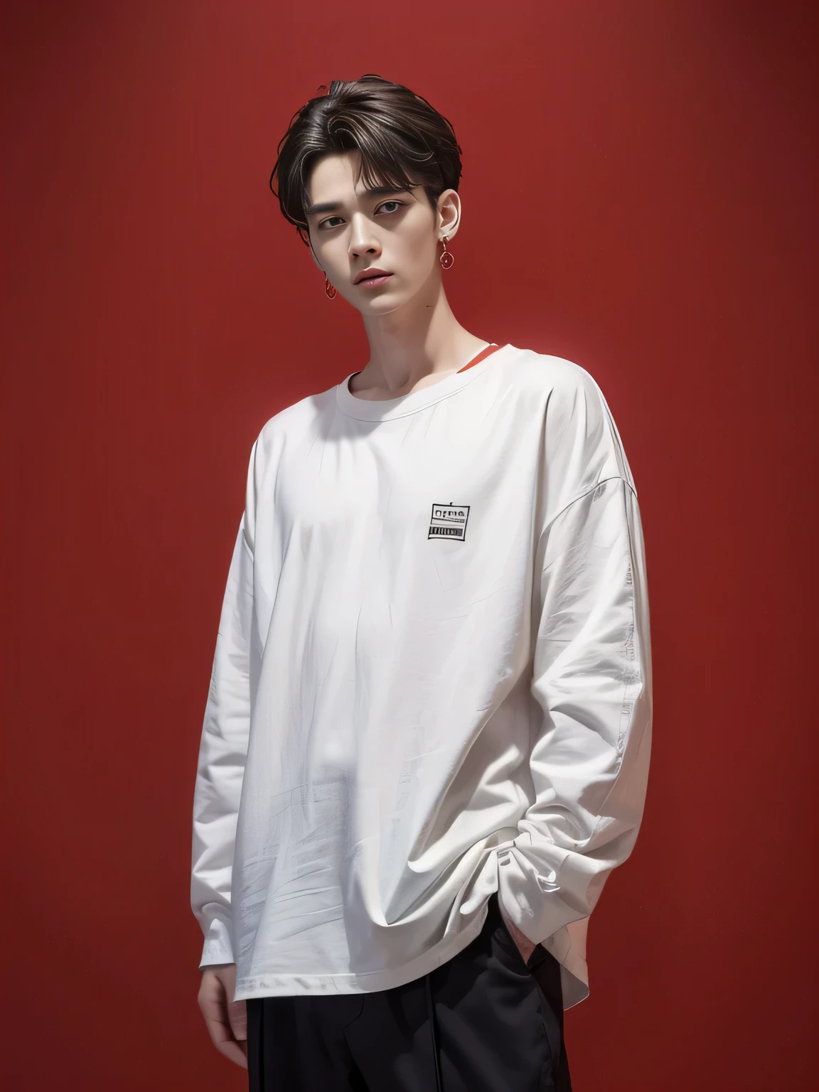 (8K, highest quality, High resolution, masterpiece :1.3), (red background), (handsome man), stylish, hisense, fashion, The contour is the length of the surface, Eyes are long and narrow, black short hair, oversized clothes, baggy clothes, Upper body, earrings, graphic design, 