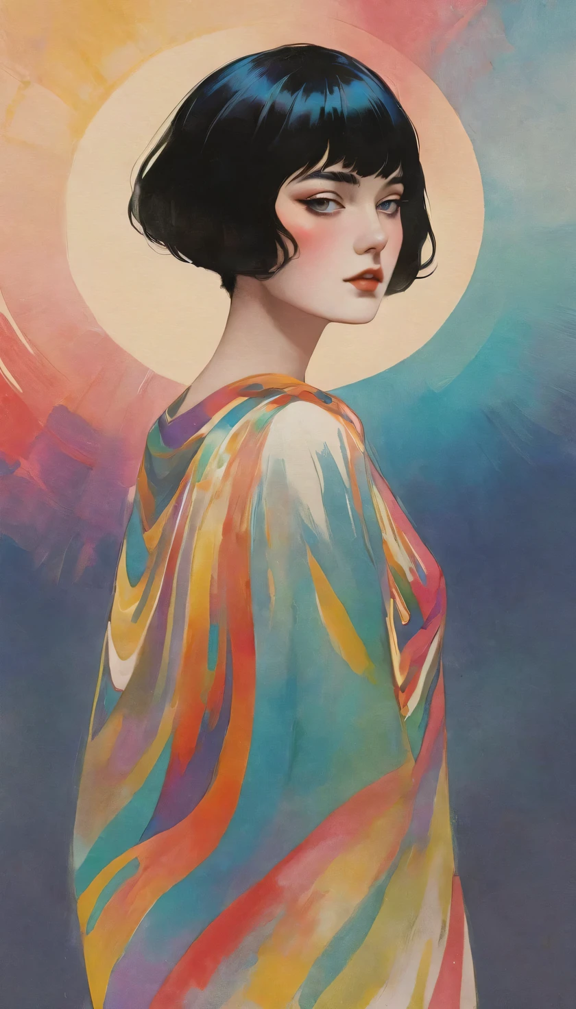 chiaroscuro technique on sensual illustration of an elegant queen (((short hair with bangs:1.4、Beautiful bangs) , vintage ,silky dress, matte painting, by John Singer Sargent, by Harumi Hironaka, abstract background, (upper body:1.5), Rainbow pastel, highly detailed, digital artwork, high contrast, dramatic, refined, tonal, an intimate, seductive studio setting with a focus on sensuality and romance. Utilize soft, warm lighting that bathes the space in a gentle, inviting glow. Incorporate luxurious fabrics, plush furnishings, and a touch of decadence to evoke an opulent ambiance. The scene should exude an air of serenity and anticipation, inviting the viewer into a sensual and romantic space