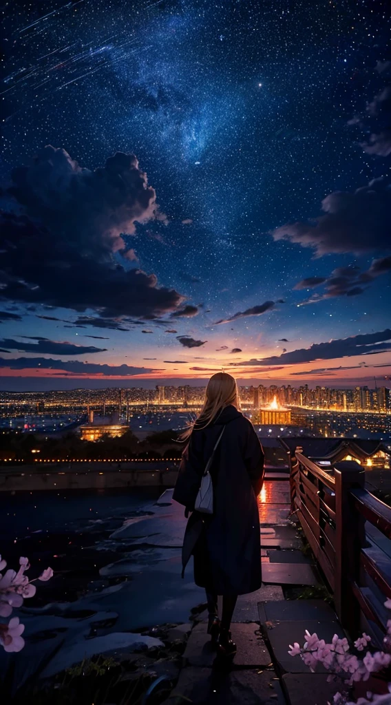 １people々々々々,blonde long hair，long coat，silhouette， Rear view，space sky, milky way, anime style, cherry blossoms，夜cherry blossoms，辺り一面に舞うcherry blossoms吹雪，Night view of the city from the mountainside，