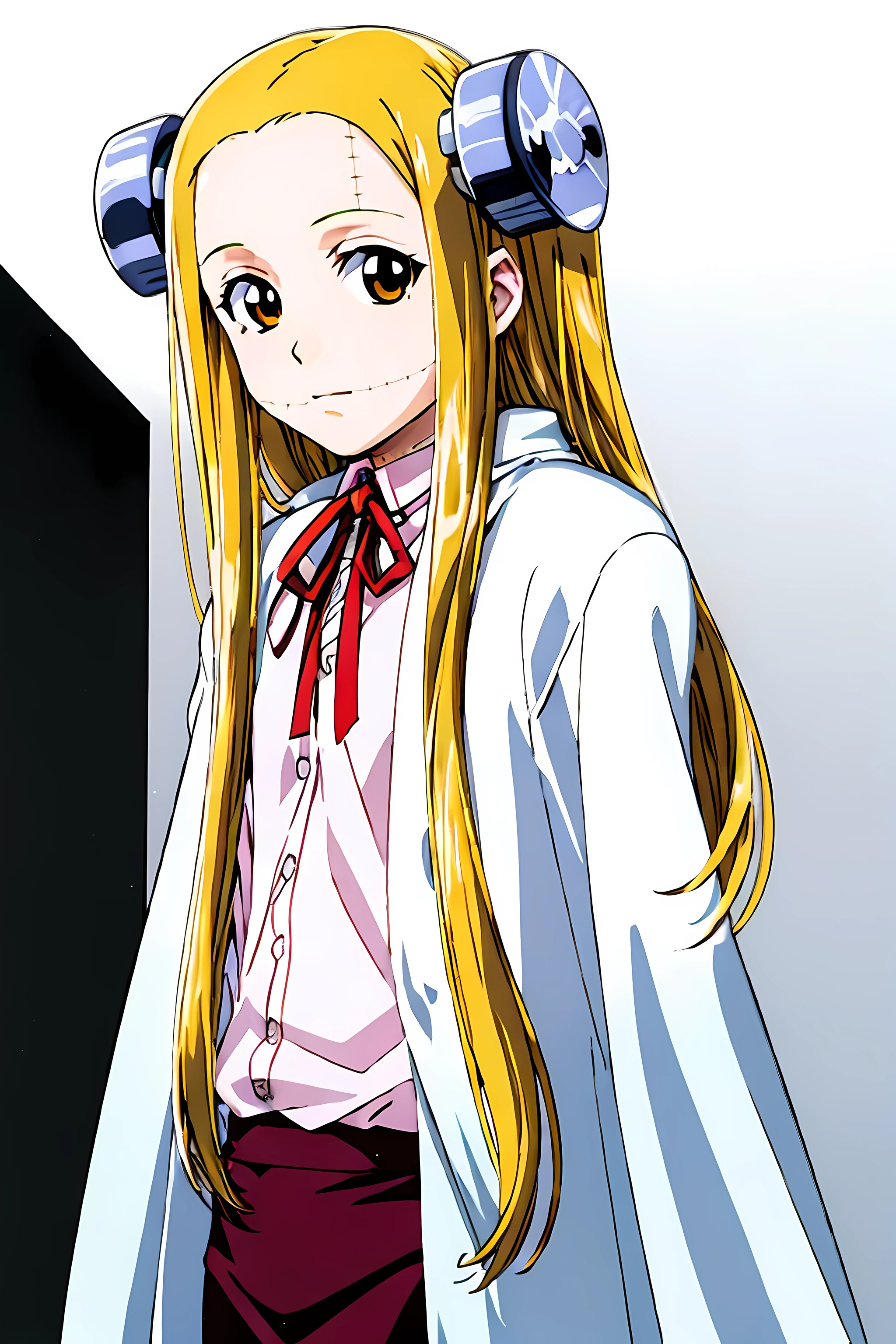 (highest quality:1.3),(ultra-become familiar with:1.5),High resolution,extremely become familiar with CG,unity 8k wallpaper,official art,become familiar with,super become familiar with skin,perfect anatomy,beautiful become familiar with eyes,(anime screenshot:1.11),very delicate and beautiful,(90s anime,90s anime style,cel shaded anime:1.17),1 girl,anmnr,
((madaraki_fran:1.52)),Light blonde long hair,brown eyes,((((wearing a white coat)))),stitch,body scars,creepy look,