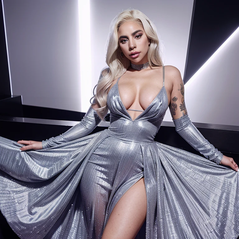 Lady Gaga in a long tight dress with a v-neckline