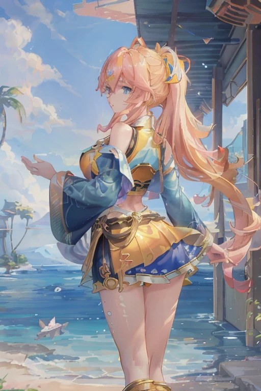 cornflower art, fantastic, (a beautiful girl，Anime style girl，blue eyes，long yellow hair，wearing light clothes，shining，long sleeve，open chest，short skirt，pink big breasts，White，and，heart on top，beautiful butt，Nice butt，前面是海滩and明亮的蓝天，There are clouds above，There are palm trees in the background on both sides of the picture，There are also a lot of blue and fish swimming around in the sea，