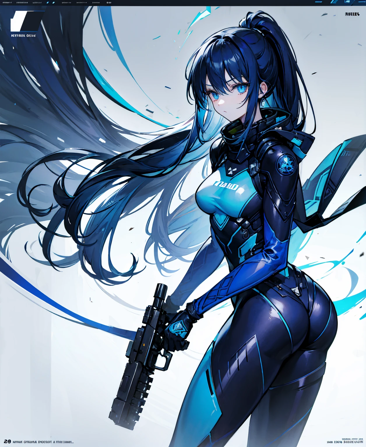 no background，girl，carry a firearm，Enamel-like tight suit，use of firearms，dark blue long hair，attention arousal，blue colored eyes,no gradation