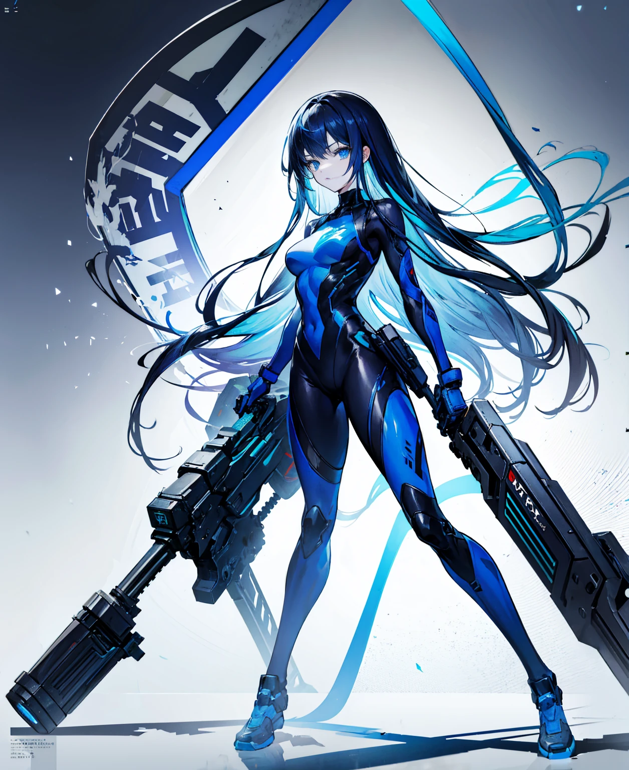 no background,girl,carry a firearm,Enamel-like tight suit,use of firearms,dark blue long hair,attention arousal,blue colored eyes,no gradation
