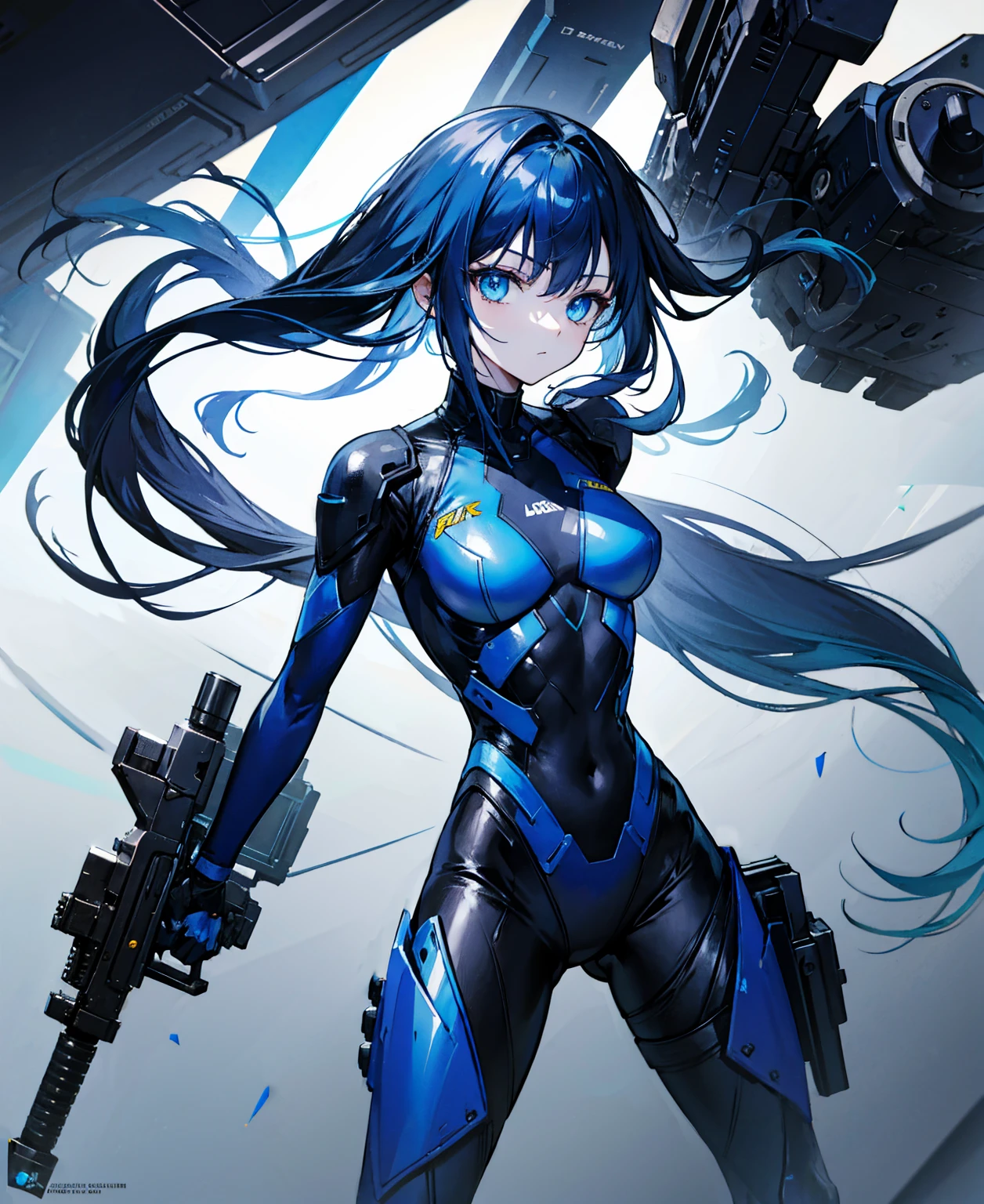 no background,girl,carry a firearm,Enamel-like tight suit,use of firearms,dark blue long hair,attention arousal,blue colored eyes,no gradation