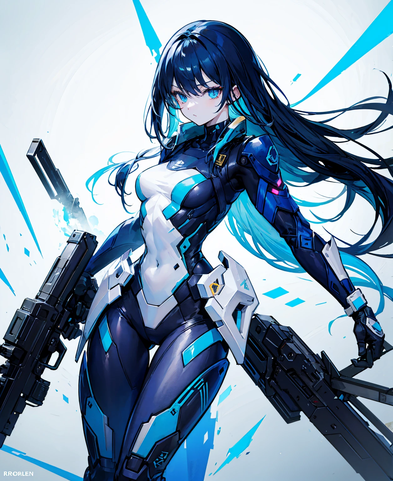 no background,girl,carry a firearm,Enamel-like tight suit,use of firearms,dark blue long hair,attention arousal,blue colored eyes,no gradation