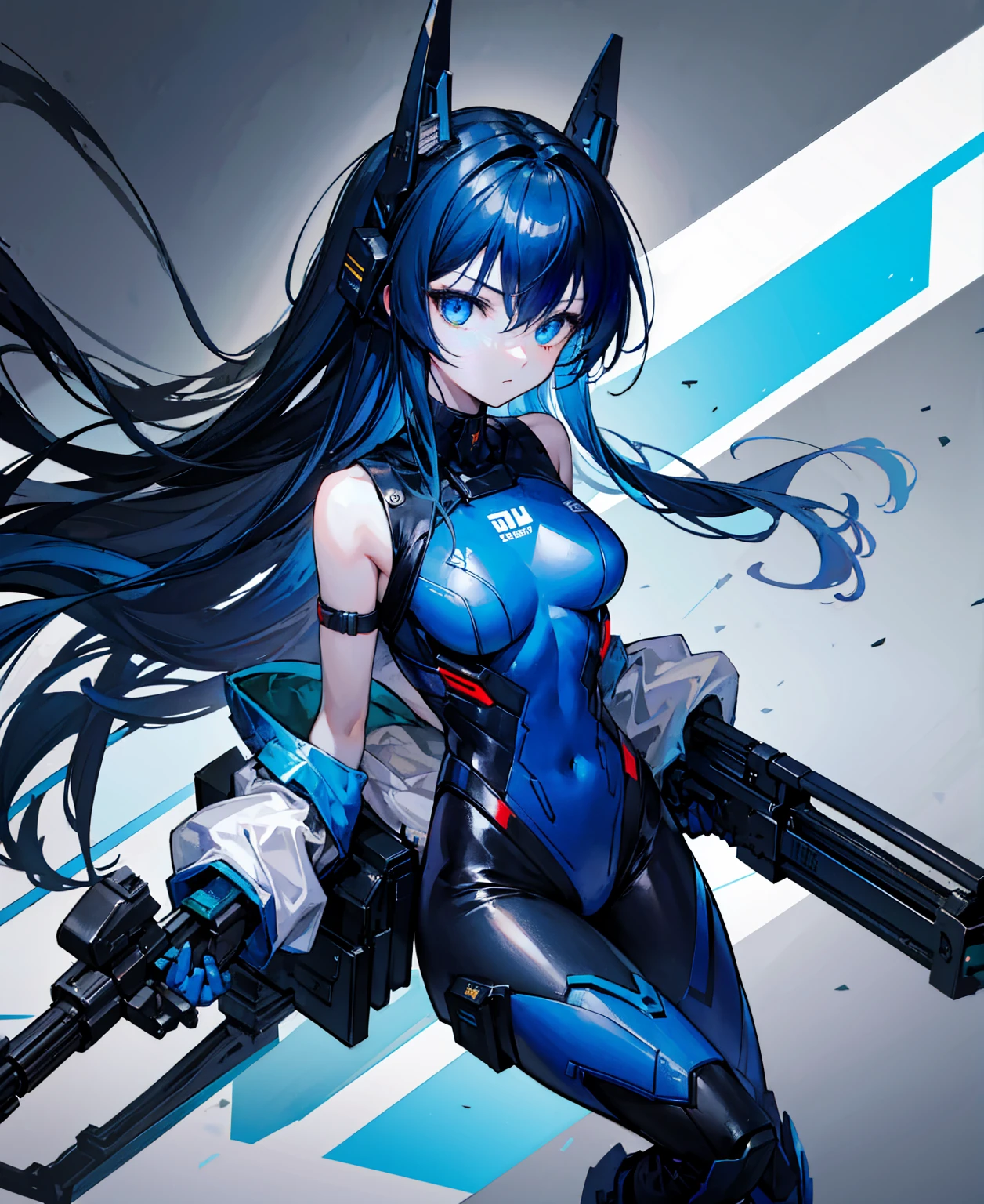 no background,girl,carry a firearm,Enamel-like tight suit,use of firearms,dark blue long hair,attention arousal,blue colored eyes,no gradation