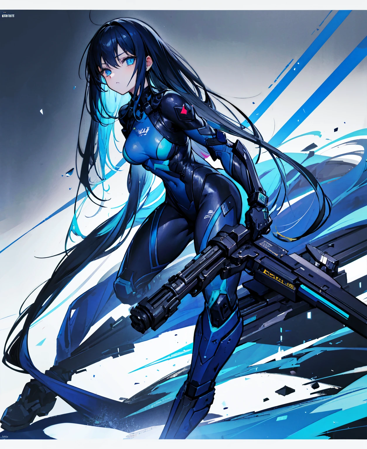 no background,girl,carry a firearm,Enamel-like tight suit,use of firearms,dark blue long hair,attention arousal,blue colored eyes,no gradation