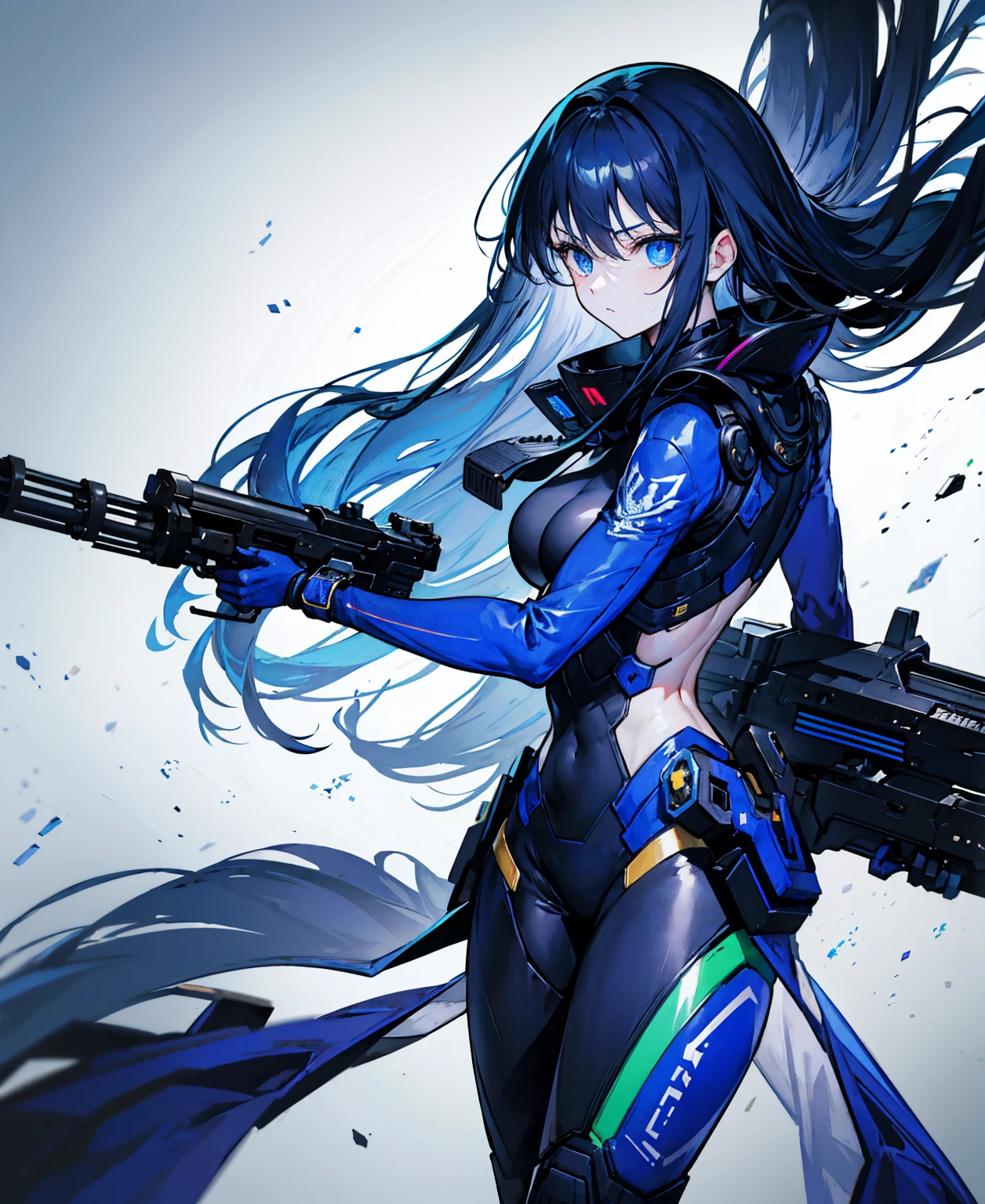 no background，girl，carry a firearm，Enamel-like tight suit，use of firearms，dark blue long hair，attention arousal，blue colored eyes,no gradation