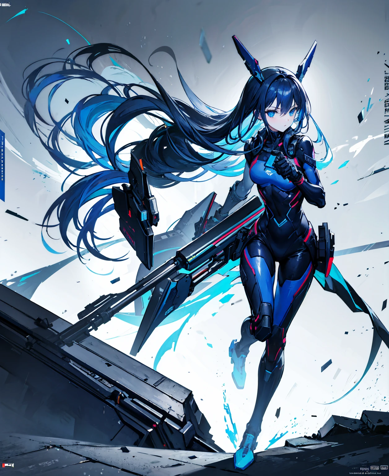 no background，girl，carry a firearm，Enamel-like tight suit，use of firearms，dark blue long hair，attention arousal，blue colored eyes,no gradation