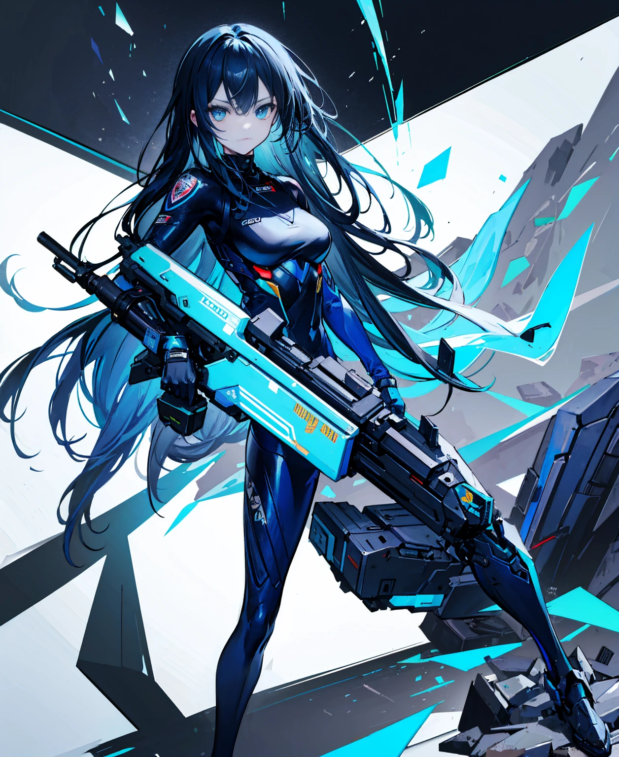 no background，girl，carry a firearm，Enamel-like tight suit，use of firearms，dark blue long hair，attention arousal，blue colored eyes,no gradation