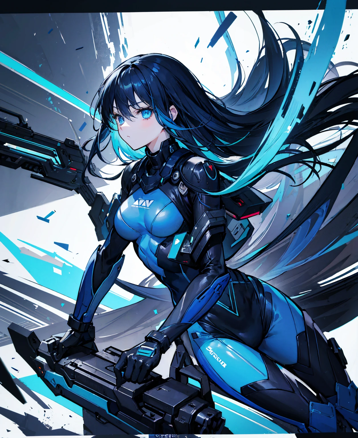 no background,girl,carry a firearm,Enamel-like tight suit,use of firearms,dark blue long hair,attention arousal,blue colored eyes,no gradation