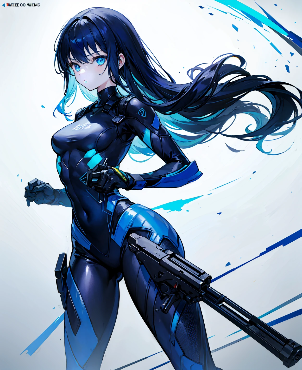 no background,girl,carry a firearm,Enamel-like tight suit,use of firearms,dark blue long hair,attention arousal,blue colored eyes,no gradation