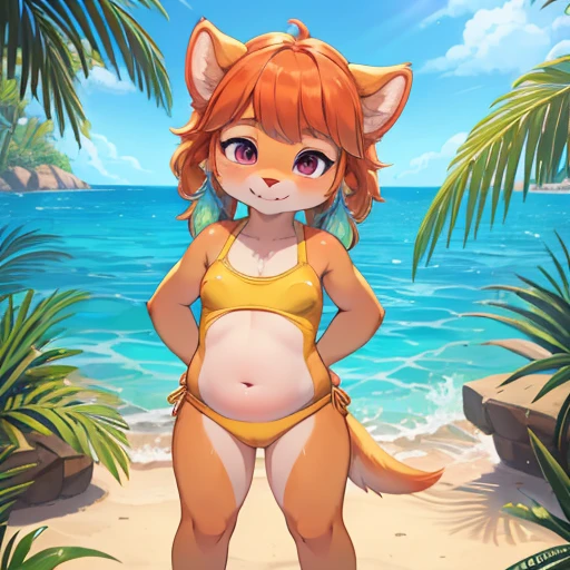 1girl, masterpiece, Kiara, tropical aquapark, full body shown, horny face, yellow one piece swimsuit, looking at me, half closed eyes, pudgy, toddler, standing, anthro, furry, long snout, fur, small breasts, hands to the side, pudgy belly