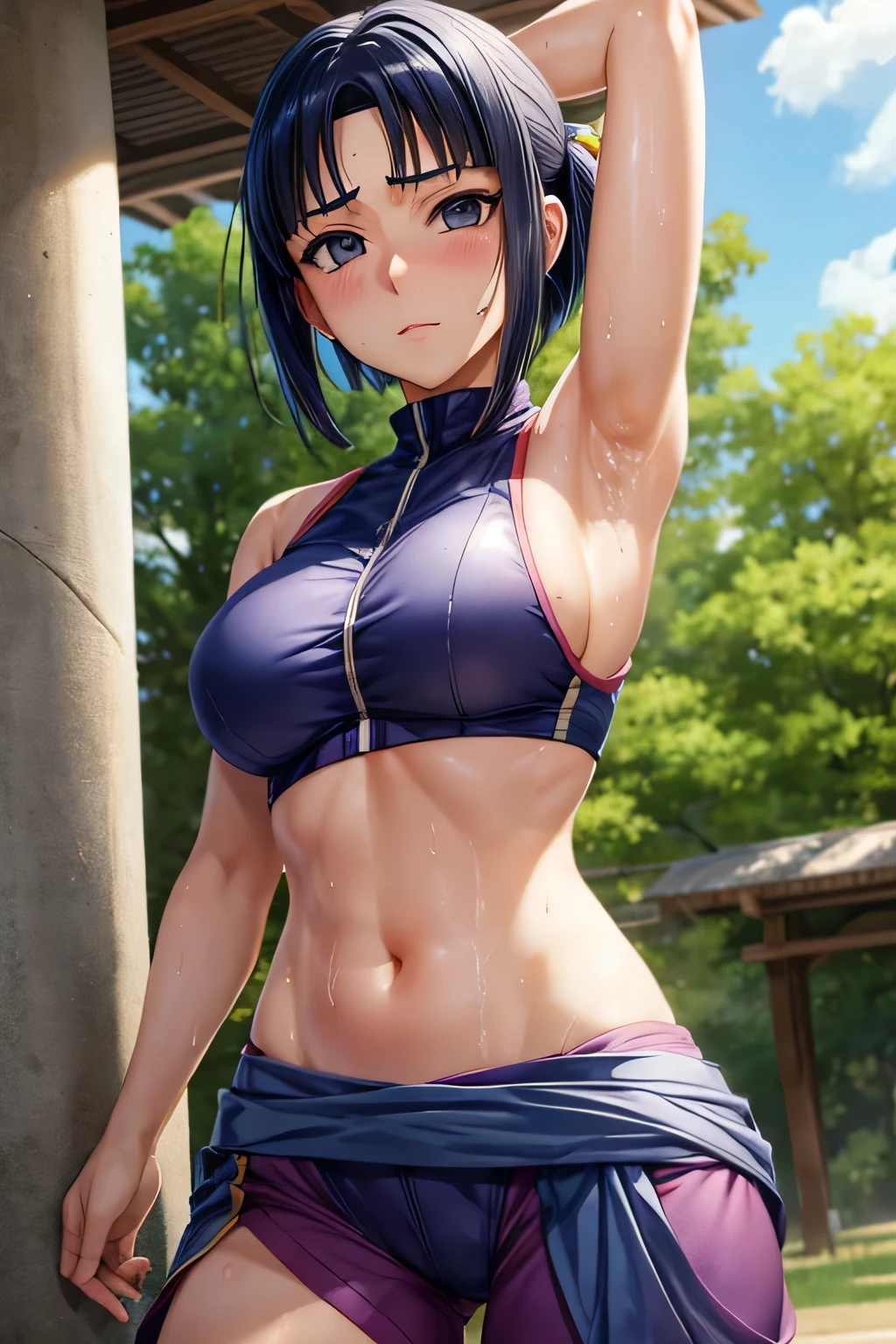 Hinata Hyuga from anime Naruto,show her Sweaty armpits and body,with sweat on the armpits