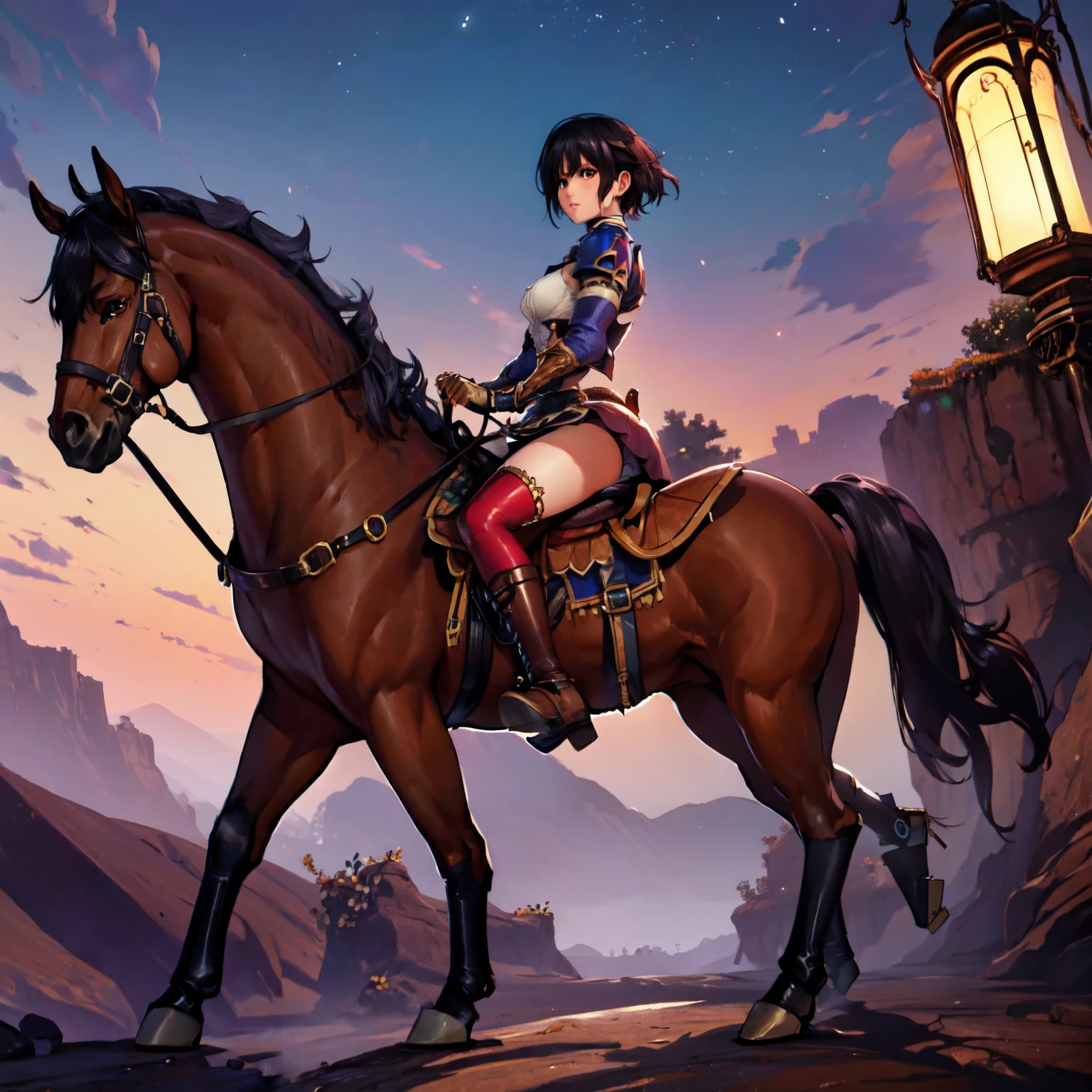 4k, 8k, hdr, wallpaper, realistic, cinematic lighting, ((best quality)), ((masterpiece)), (detailed), perfect face, anime style, pixie cut, short hair {black hair}, both hands holding tightly, reins, (female knight, brown eyes, white armor, black miniskirt, golden gauntlet, black boots, (brown horse, horseback riding, saddle, stirups, reins: 1.25), ((running)), fantasy settings, canyon, open field, gust of wind, anatomically correct
