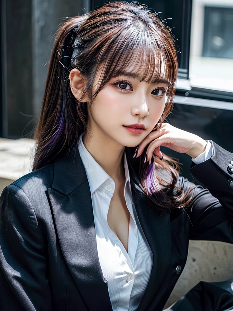 Beautiful woman, 25 years old, high ponytail, purple hair, black pantsuit, black jacket, white shirt, cleavage visible, black pumps, elegant upper class elite secretary wearing a business shirt. , working in the office, wearing a strict business suit, pantsuit style, wearing luxury high heels, girl wearing a shirt, wearing a business suit, wearing a business suit, black nail art, wearing a business suit wearing, businessman, business clothes, wearing a black business suit, wearing a shirt and jacket, woman wearing a business suit, business suit, business attire, raw photo, (8K, top quality, masterpiece: 1.2), (Complex Detail: 1.4), (Photoreal: 1.4), Octane Rendering, Complex 3D Rendering Super Detail, Studio Soft Light, Rim Light, Vibrant Detail, Super Detail, Realistic Skin Texture , surface details, beautiful eyes in detail, highly detailed CG Unity 16k wallpaper, supplement, (detailed background:1.2),