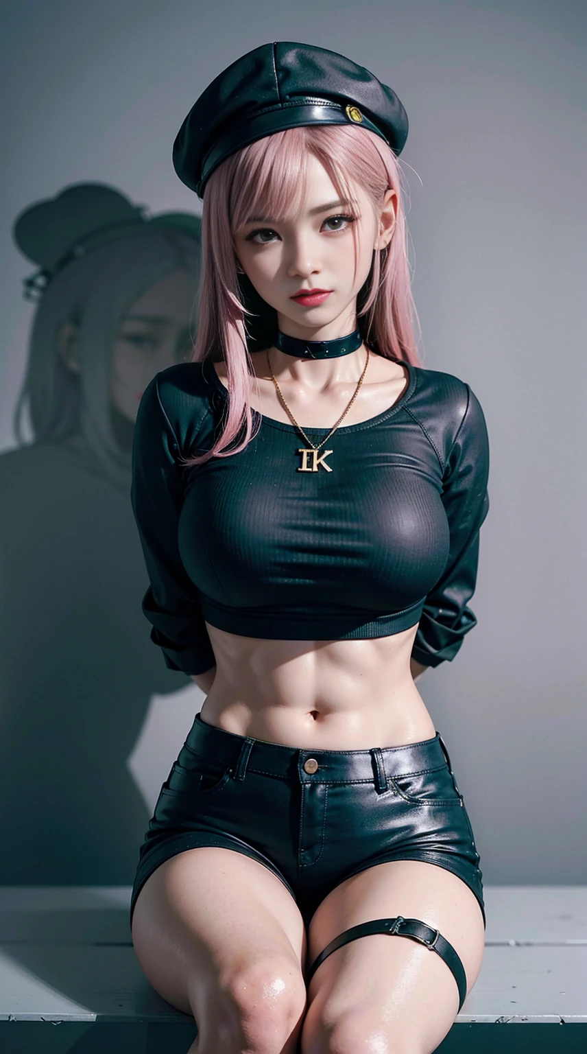 SFW, (Ridiculous, 8K, 4K, masterpiece, Super extreme detail:1.2), alone, 1 girl, Front view, perfect face, 1 girl, portrait, expressive eyes, looking at the audience, alone, permanent, adult, pale, aldult, expectations, Front view, confident, Wind, Windy, move hair, Front view, mature body, tomboy, aldult, Newsboy hat, long pink hair, black shorts, yellow belt, Waist Jacket, dark blue, medium bust, Black wrist cuffs, black pupils, dark pink irises, Hair hanging down the back of the head, self-centered, powerful, Strong, proudly, arrogant, Tattered clothes, 藍色Newsboy hat, Right hand on hip, streetwear, fashionable, 疯mad的脸, 疯mad的眼睛, 疯mad的微笑, Right bangs, necklace, boundary, bondage, (Put your arms behind your back:1.4), mad, tape gag, tape, tape bondage, close up, restrained, best anatomy, whole body, tape wrapped, package gag, , sit down, wear,((thin waist)), young asian girl, ((Big breasts)),