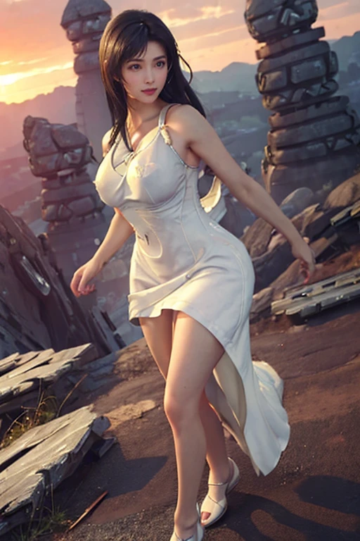 nsfw, highest quality, (((masterpiece))), (realistic: 1.4), super resolution, professional quality high resolution, ((ultra-detailed)), an extremely delicate and beautiful, sharp focus: 1.2, 8K, HDR
BREAK
, Tifa Lockhart, 20 years old, massive breasts, voluptuous breasts, ((gigantic breasts)), cleavage:1.4, black hair
BREAK
, 1 girl, shiny skin, breast focus, detailed eyes, perfect face, Highly detailed face and skin texture, perfect body, thin waist, portfolio
BREAK
, ((full body:1.4))
BREAK
, ((white chine dress:1.8)), short dress, tight mini skirt, sleeveless, ultra detailed dress
BREAK
, ((tight clothes:1.4)), ((tight shirts:1.4)), ((no underwear:1.4)), high heels
BREAK
, looking at viewer
BREAK
, Embarrassed, (blush:1.4), startled, (shame:1.4), Impish Smile
BREAK
, standing, ((breast hold)), place right hand under own chest, left hand on own hip
BREAK
, (erect nipples:1.4), (areolas protruding areolas indentation:1.4)
BREAK
, perfect angle, perfect contrast, perfect lighting, perfect composition, perfect skin, perfect hands, perfect fingers, perfect breasts, perfect hair, perfect face, perfect anatomy
BREAK
, sunset