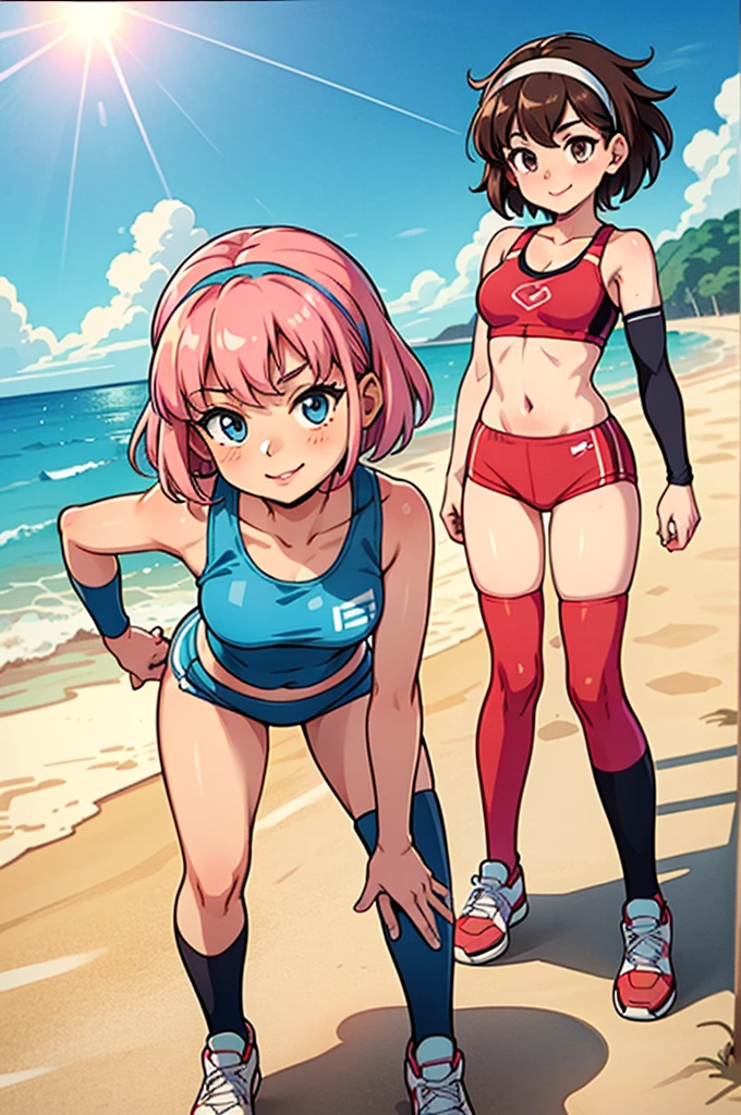 {{{masterpiece}}}, {{{best quality}}}, {{ultra-detailed}}, {illustration}, {{an extremely delicate and beautiful,high resolution, ultra-detailed,,perfect face,slender perfect body, Tight belly,Toned buttocks,Constricted waist}},(3 girls),(3 girls to 100m race:1.3),(100m race:1.3),(running pose),(painful face), (wear a headband),17yo,((pink:-1.5 hair), (braided short hair), (braided long hair), shy daughter, short stature, small tits,(flom track and field), (fashionable track and field athlete),(bike shorts), small tits, (wet:1.2), (track and field:1.3),((very wide shot )),(clothnipples visible throughes),(Cameltoe:1.2),