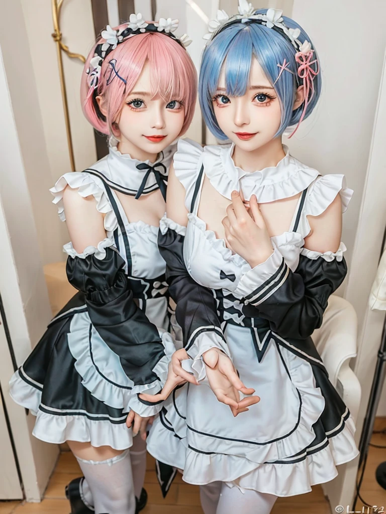 (8K, Photorealistic, Raw photo, of the highest quality: 1.3), (1girl in), Super beautiful, (Realistic face), (boyish, pink Color Berry Shorthair), Beautiful , Glare that captivates the viewer, Beautiful expression, Beautiful breasts, (Realistic skin), Be...Create a detailed and colorful image of Ram and Rem from Re:Zero, standing back-to-back in their maid outfits, with a magical fantasy background、14years old, two girls,cute, perfect face, beautiful, nice body, gothic lolita clothes, gothic lolita fashion, frilly skirt, headdress, necklace, bracelet, knee-high socks, boots, double eyelids, tear bags, Detailed down to the fingers, photo-like description, indoors, dim indoor lighting, one girl is pink hair and short bob, another girl is light blue hair and short bob,standing, sexy posing,whole body, composition that shows the whole body, smiling,The Both of them are wearing the same type of maid outfit,Optimal ratio of 4 fingers and 1 thumb