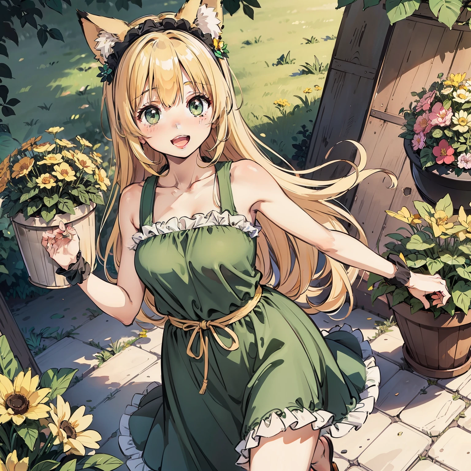 1 girl, :D, animal ear hair, Animal ears, Bangs, black hairbanD, blonDe hair, vague, vague backgrounD, Depth of fielD, Dress, flower, flower pot, frilleD Dress, decorate, green Dress, green eyes, hairbanD, holDing, long hair, open mouth, pink flower, plant, potteD plant, sketch, sleeveless, sleeveless Dress, Smile, alone, Tail, wrist cuffs, yellow flower, 1980s (style)