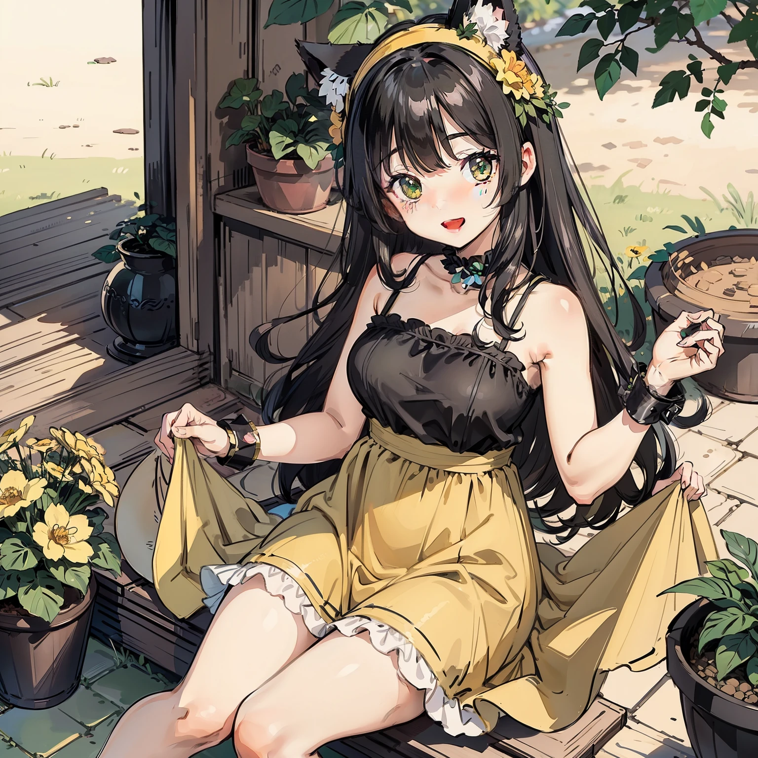 1 girl, :D, animal ear hair, Animal ears, Bangs, black hairbanD, blonDe hair, vague, vague backgrounD, Depth of fielD, Dress, flower, flower pot, frilleD Dress, decorate, green Dress, green eyes, hairbanD, holDing, long hair, open mouth, pink flower, plant, potteD plant, sketch, sleeveless, sleeveless Dress, Smile, alone, Tail, wrist cuffs, yellow flower, 1980s (style)